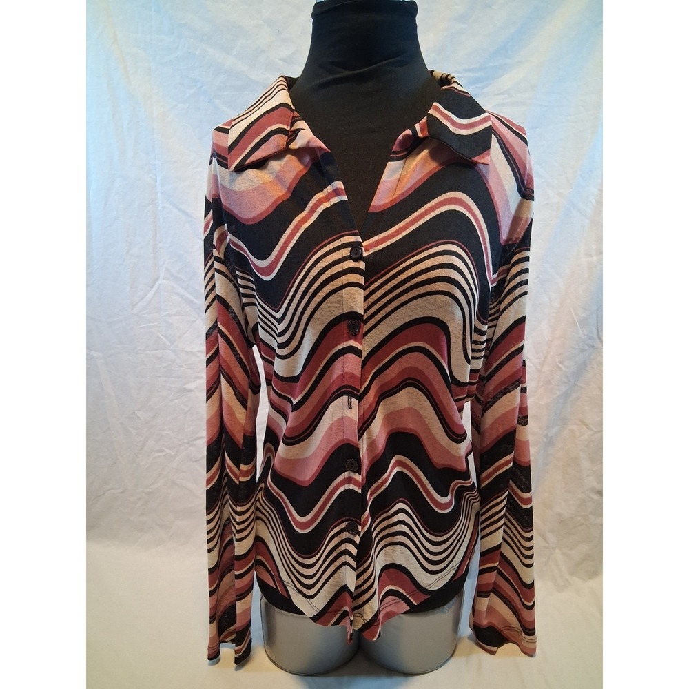Fashion Bug Vintage Y2K Sheer Psychedelic Wavy Button Front Top Pink Black L